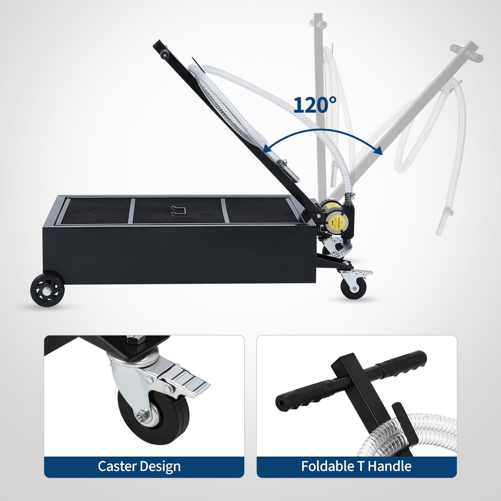 Garvee 20 Gallon Oil Drain Pan with 110V Electric Pump, 8FT Hose, Folding Handle, Carbon Steel, Wheels, for Cars, SUVs, Trucks, Buses, RVs