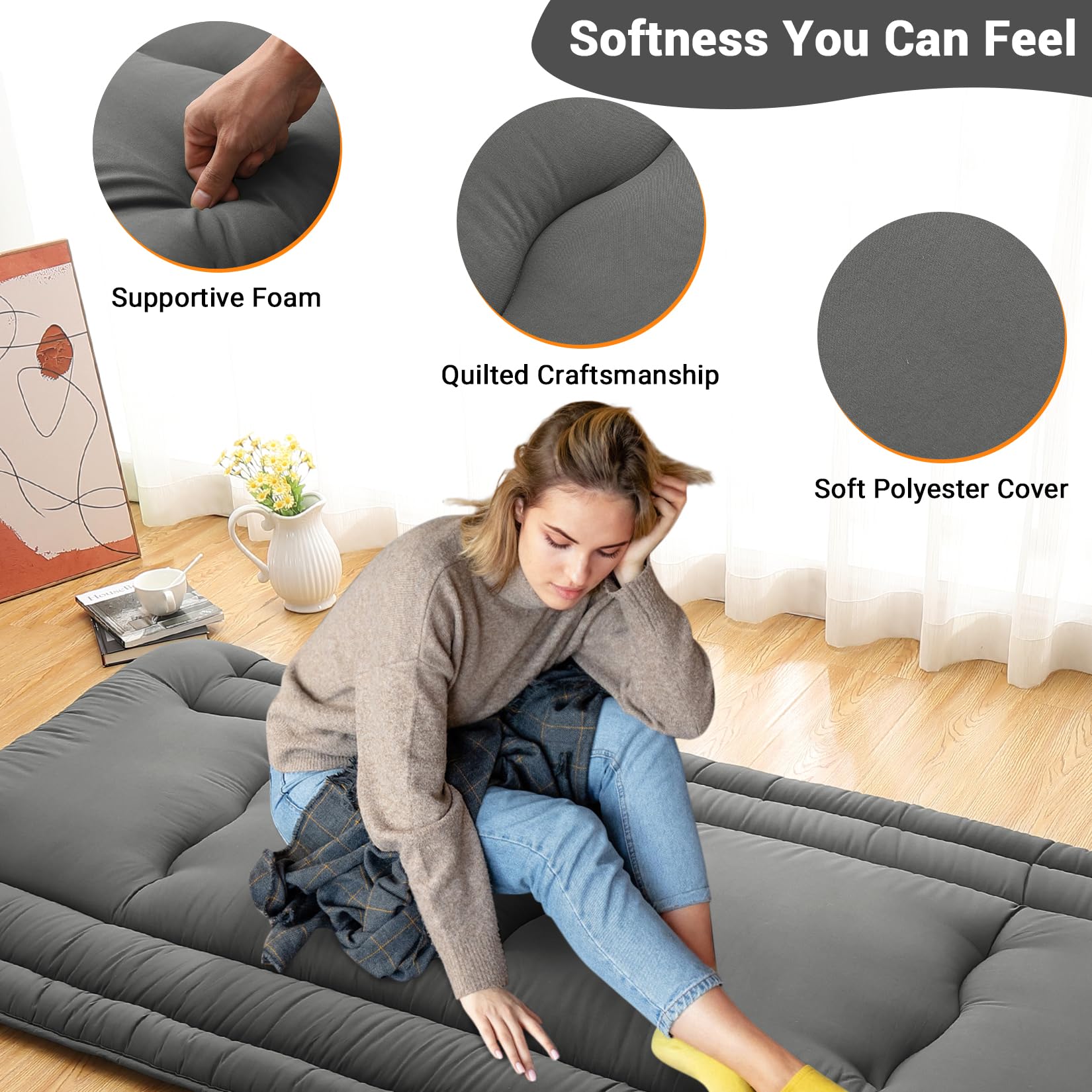 Garvee Futon Mattress Twin Size, Japanese Floor Mattress Foldable Tatami Mat, Roll Up Floor Bed Mattress Kids Floor Play Mat, Japanese Floor Bed for Dorm House Guest, Dark Grey