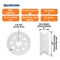 Garvee 4.80-12 Trailer Tire and Wheel Assembly, Heavy-Duty Load Range C 6PR, 12 Inch White Modular Wheel for Utility Boat Camper Trailers, Set of 2