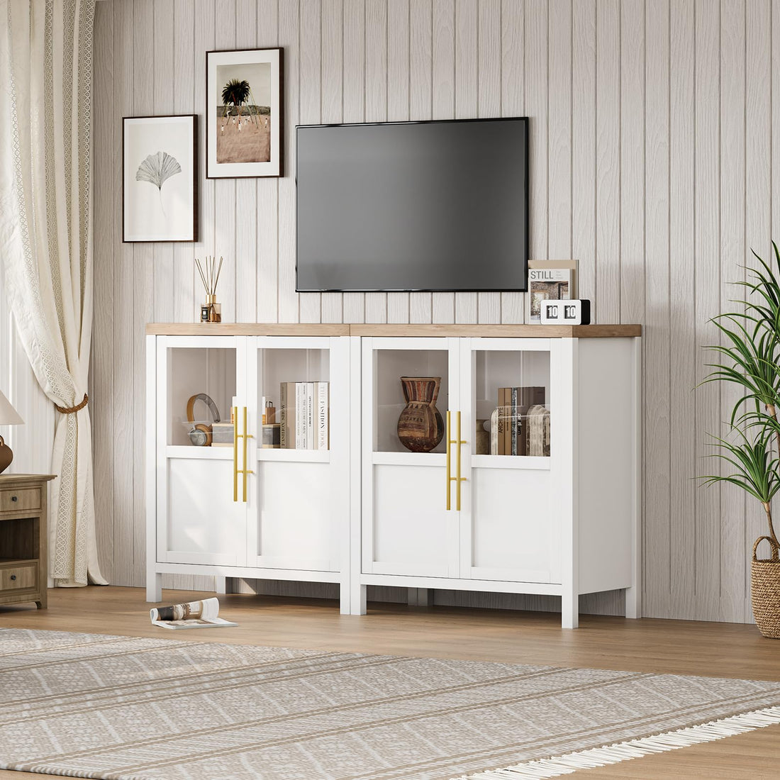 Garvee Sideboard Buffet Cabinet with 2 Glass Doors, 29" Large Buffet Cabinet with Storage, Modern Farmhouse Storage Cabinet Table for Kitchen Dining Room, Living Room (Glass with 2 Door, White)