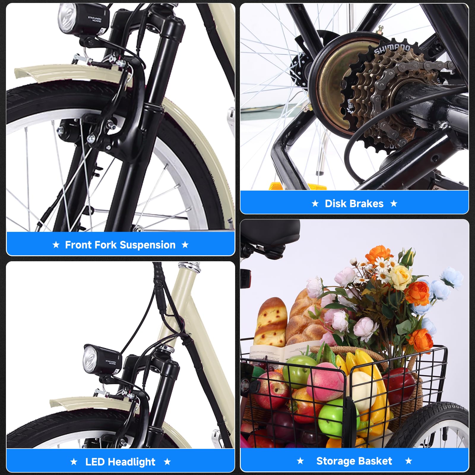 Garvee 26 Inch Adult 3 Wheel Electric Tricycle with Basket, Fat Tires,7 Speeds,350W Powerful Motor, 36V 10Ah Removable Battery - Beige