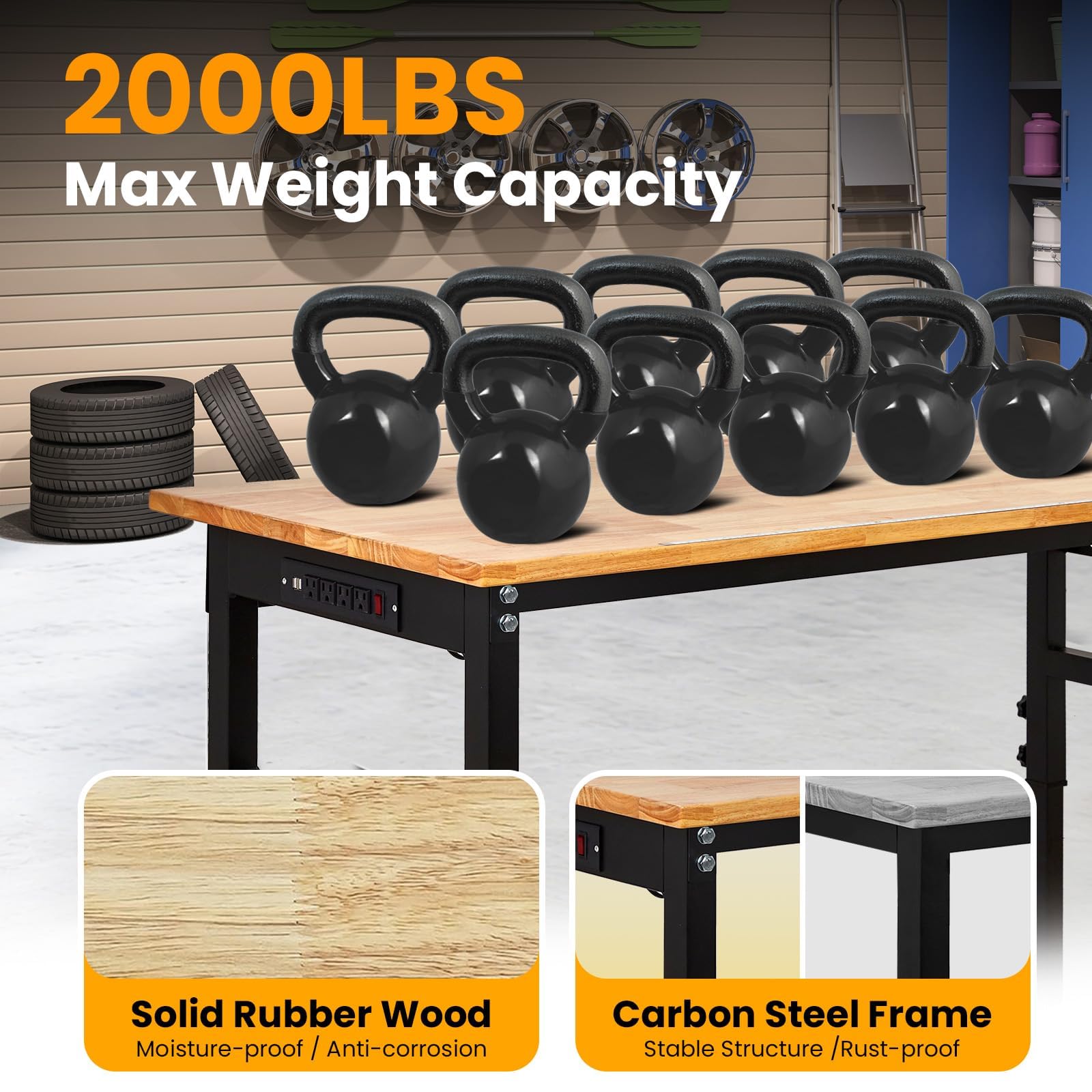 Garvee 70"x 21" Adjustable Workbench with Power Outlet, 29.5" - 39.4" Adjustable Height Garage Workbench with Rulers, Pegboard, Hooks, Wheels, 2000 Lbs Load Capacity for Workshop, Office, Garage, Home