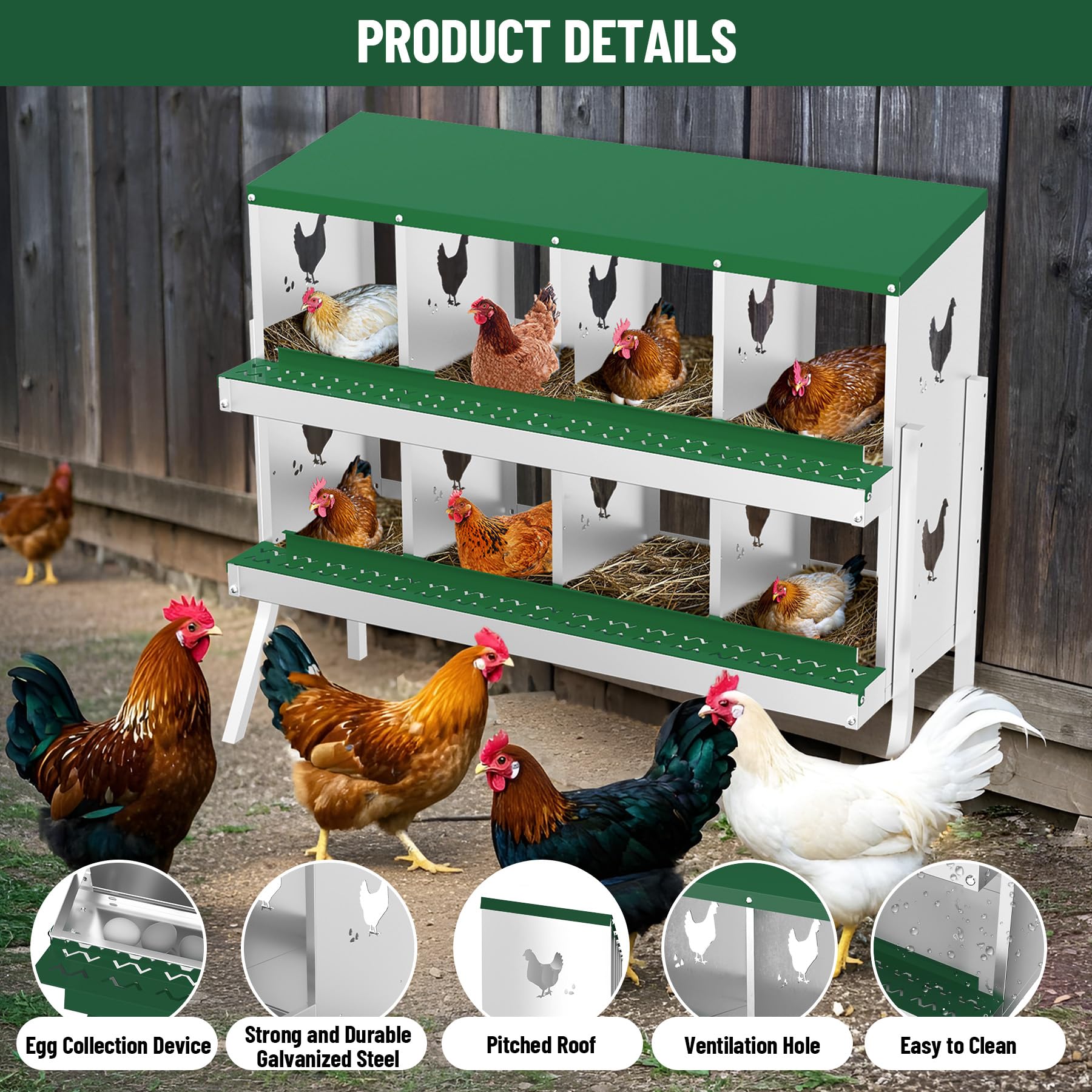 Garvee 8 Compartments Metal Chicken Nesting Boxes, Nesting Boxes with Metal Legs, Chicken Laying Box with Roll Out Egg Collection with Vented Holes
