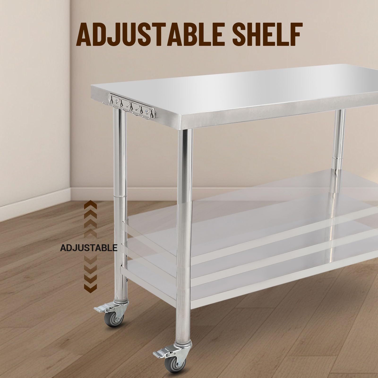 GARVEE 48"L x 24"W x 35"H Stainless Steel Work Table - Heavy-Duty Prep Table with Undershelf, Wheels, and Hooks for Kitchen and Restaurant Use