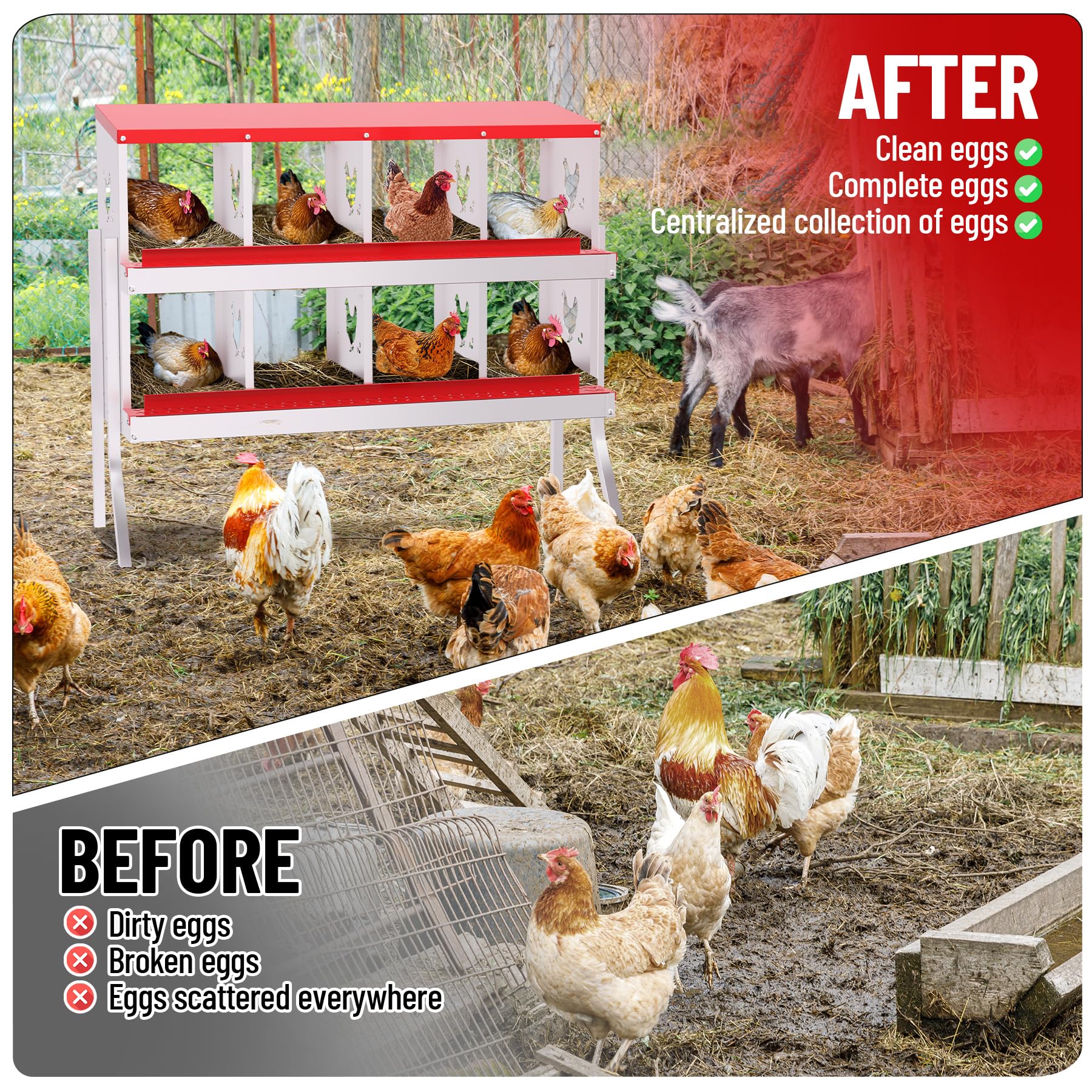 Garvee 8 Compartments Metal Chicken Nesting Boxes, Nesting Boxes with Metal Legs, Chicken Laying Box with Roll Out Egg Collection with Vented Holes