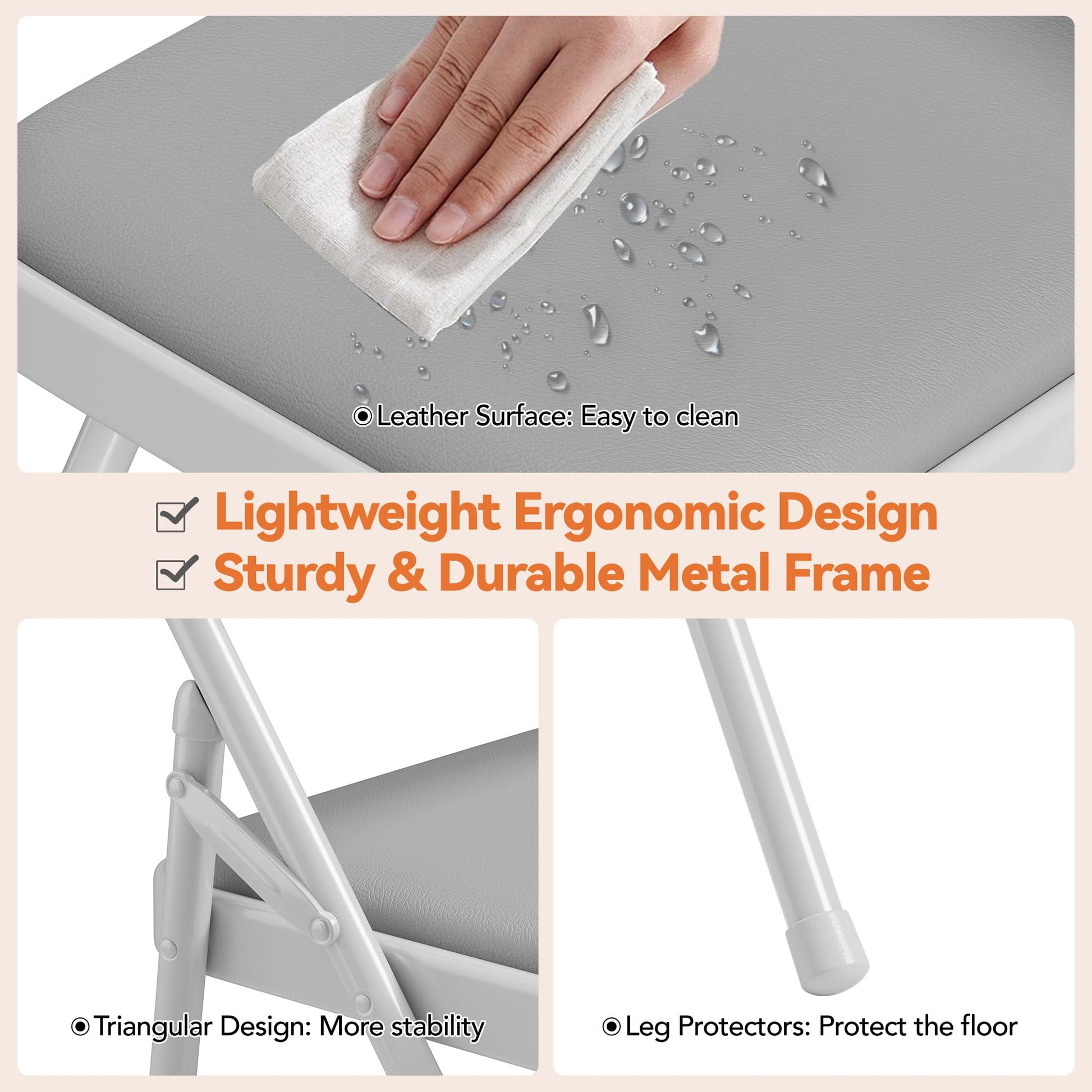 Garvee 4 Pack Folding Chairs, Portable Metal Frame Padded Folding Chair, Foldable Chairs with PU Leather Cushion and Back for Guests Kitchen Office Events Wedding Party, Grey