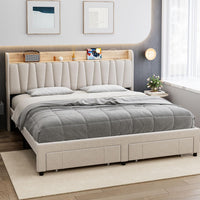 Garvee King Size Bed Frame with Storage Headboard and Charging Station, Upholstered Platform Bed Frame with Drawer, Mattress Foundation with Solid Wooden Slats Support, No Box Spring Needed, Beige