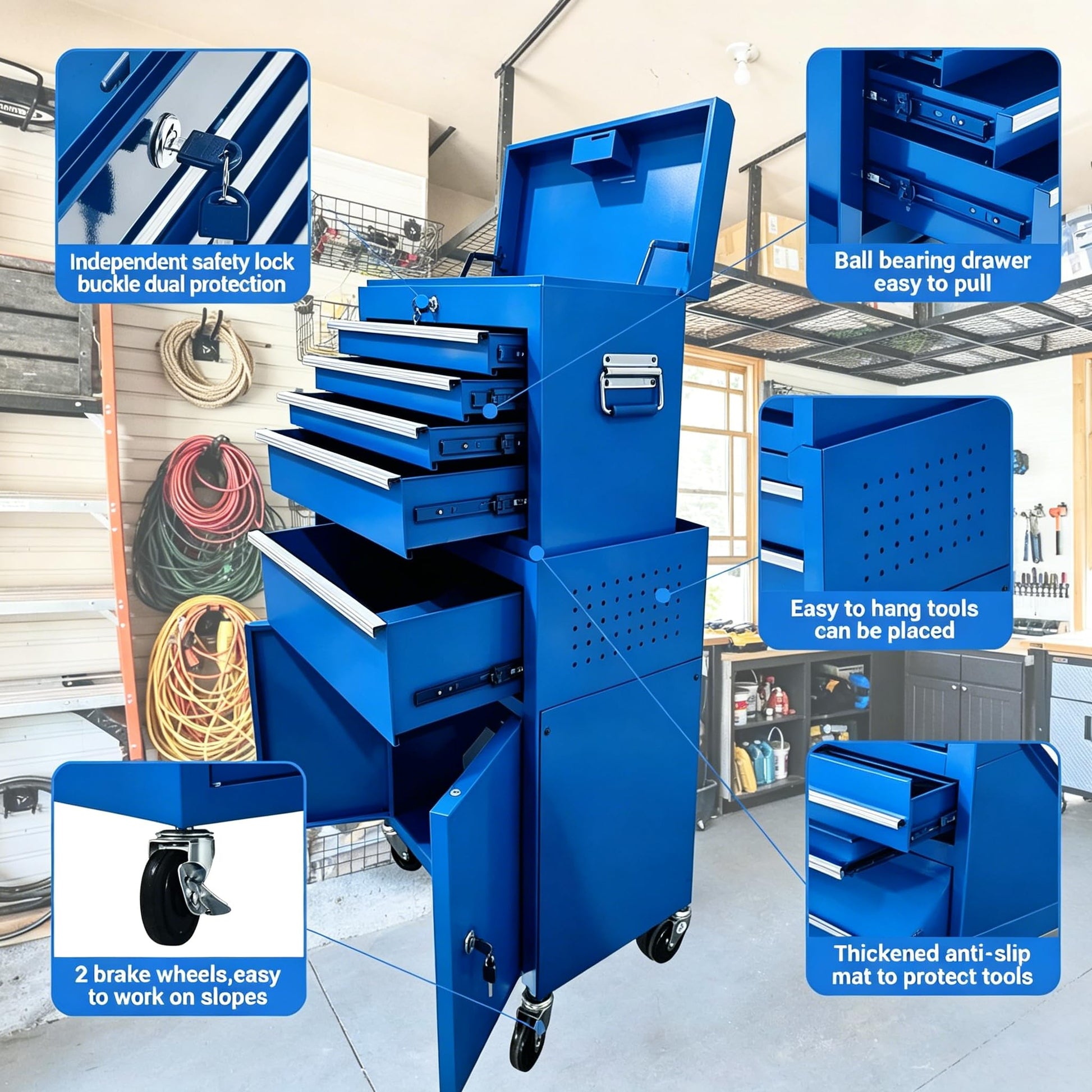 Garvee 20 Inch Heavy-Duty Tool Chest with 5 Drawers, Rolling Tool Box Cabinet on Wheels, 2-in-1 Detachable Tool Storage Organizer for Garage, Workshop, and Home Improvement, Locking Steel Tool Cart with Top Tool Box, Blue