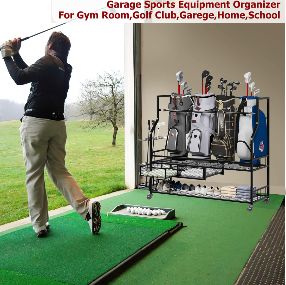 Garvee Golf Bag Storage Garage Organizer,Golf Bag Storage Rack w/Drawer for Golfing Bags, Clubs, Balls, Gadgets, Accessories & Equipment,Golf Bag Stand w/Wheels for Home, Golf Course