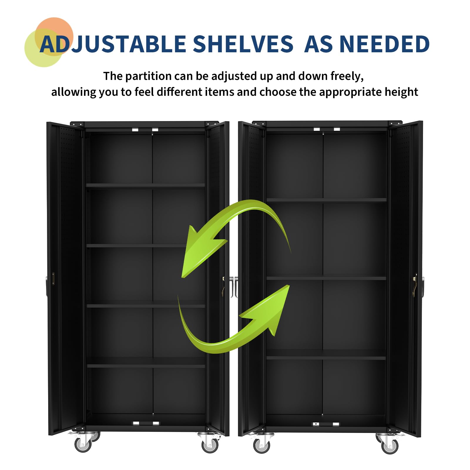 Garvee 72" Locking Rolling Cabinet with Pegboard Doors, 4 Adjustable Shelves, Heavy-Duty Cold-Rolled Steel, Lockable Wheels, Scratch-Resistant, Garage Workshop Storage, Black