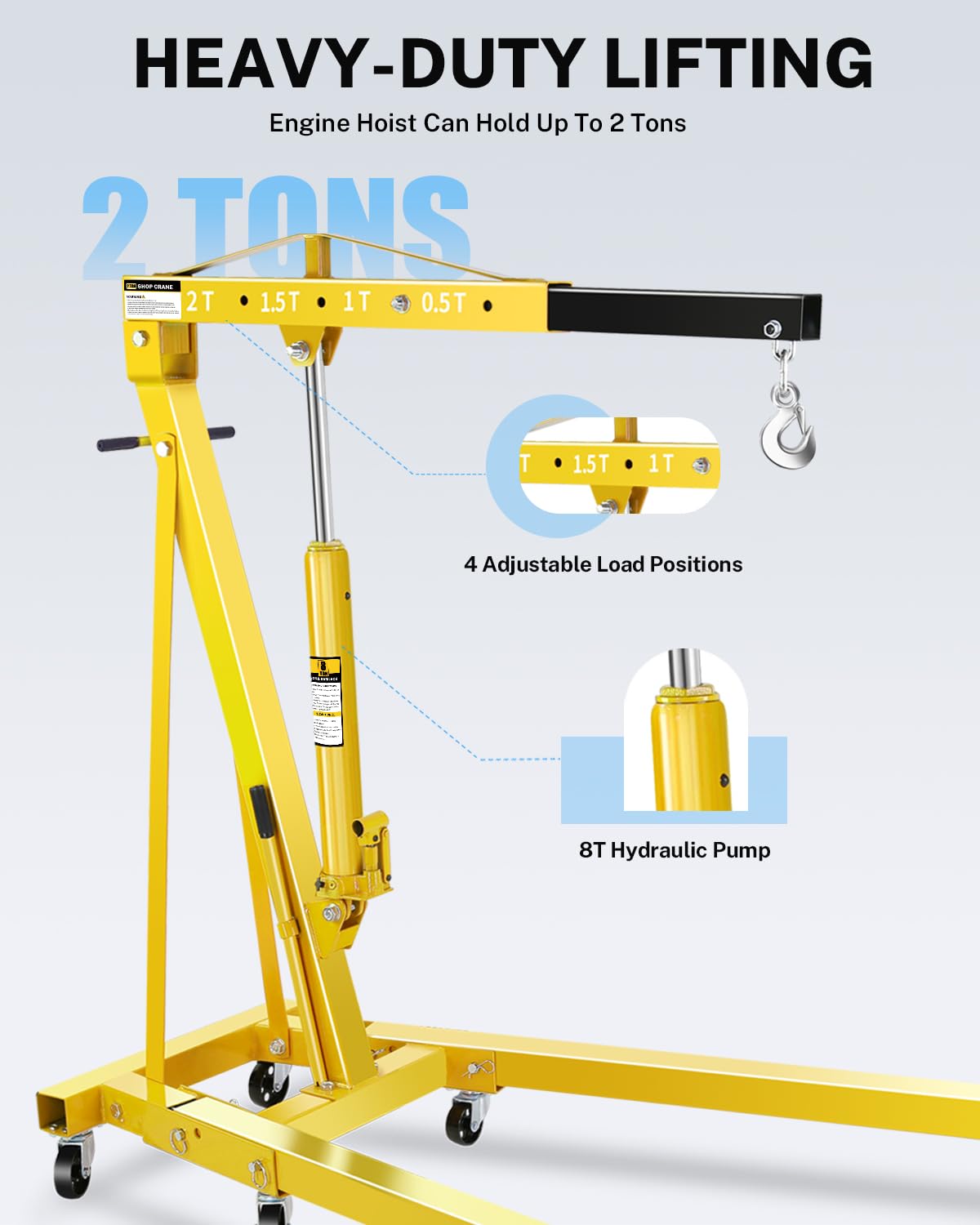 Garvee 2-Ton Folding Engine Hoist Hydraulic Crane with 6 Swivel Wheels Adjustable Boom Reinforced Steel Rust-Resistant Portable Garage Workshop Yellow