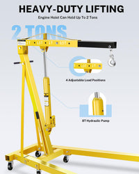 Garvee 2-Ton Folding Engine Hoist Hydraulic Crane with 6 Swivel Wheels Adjustable Boom Reinforced Steel Rust-Resistant Portable Garage Workshop Yellow