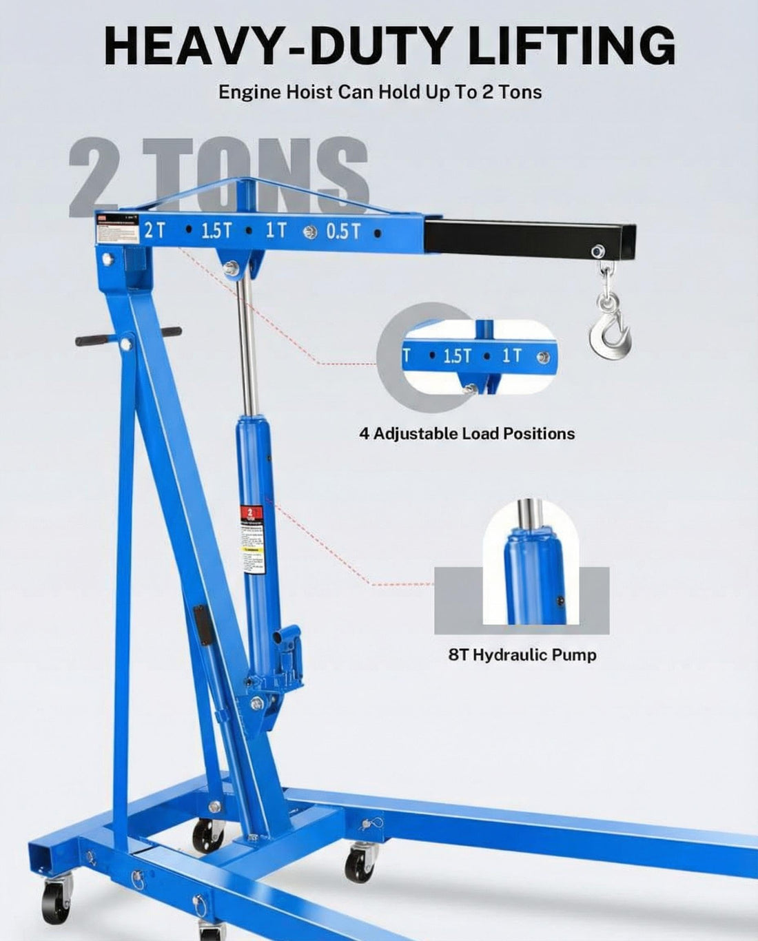Garvee 2 Ton Engine Hoist Cherry Picker - 4400 lbs Capacity, Foldable Steel Frame, Heavy-Duty Hydraulic Crane with 6 Casters for Truck Engines and Farm Use, Blue