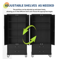Garvee 72" Metal Storage Cabinet - Rolling Garage Cabinet with Locking Doors, 2 Drawers, 3 Adjustable Shelves, 0.6mm Cold-Rolled Steel, Lockable Wheels, Mobile Design for Garage and Office, Black