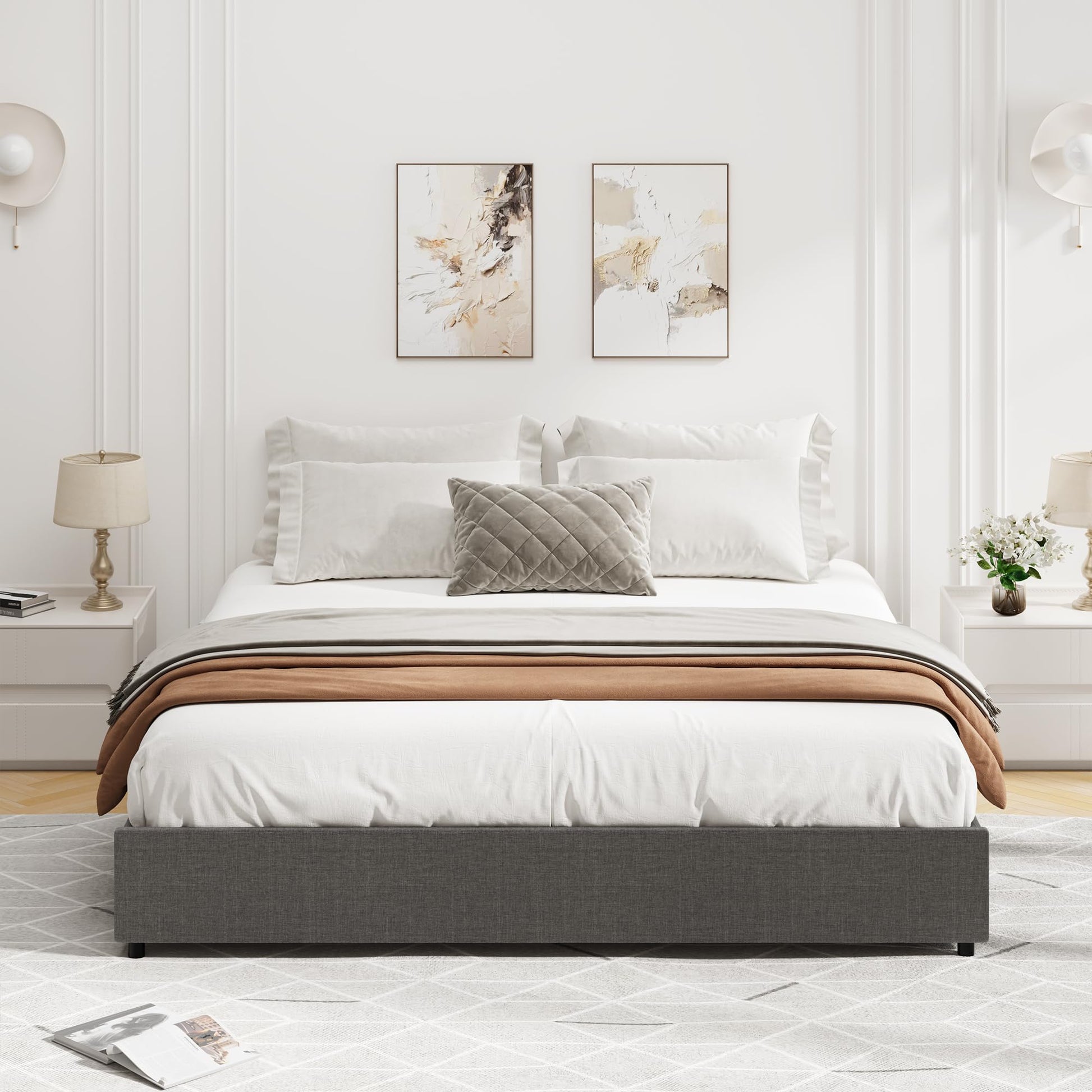 Garvee Platform Bed Frame, Fabric Upholstered with 4 Storage Drawers, No Box Spring Needed, Wooden Slats Support, Noise Free, Easy Assembly, Dark Grey(KING)