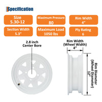 Garvee 5.30-12 Trailer Tire and Wheel Assembly, Heavy-Duty Load Range C 6PR, 12 Inch White Modular Wheel for Utility Boat Camper Trailers, Set of 2