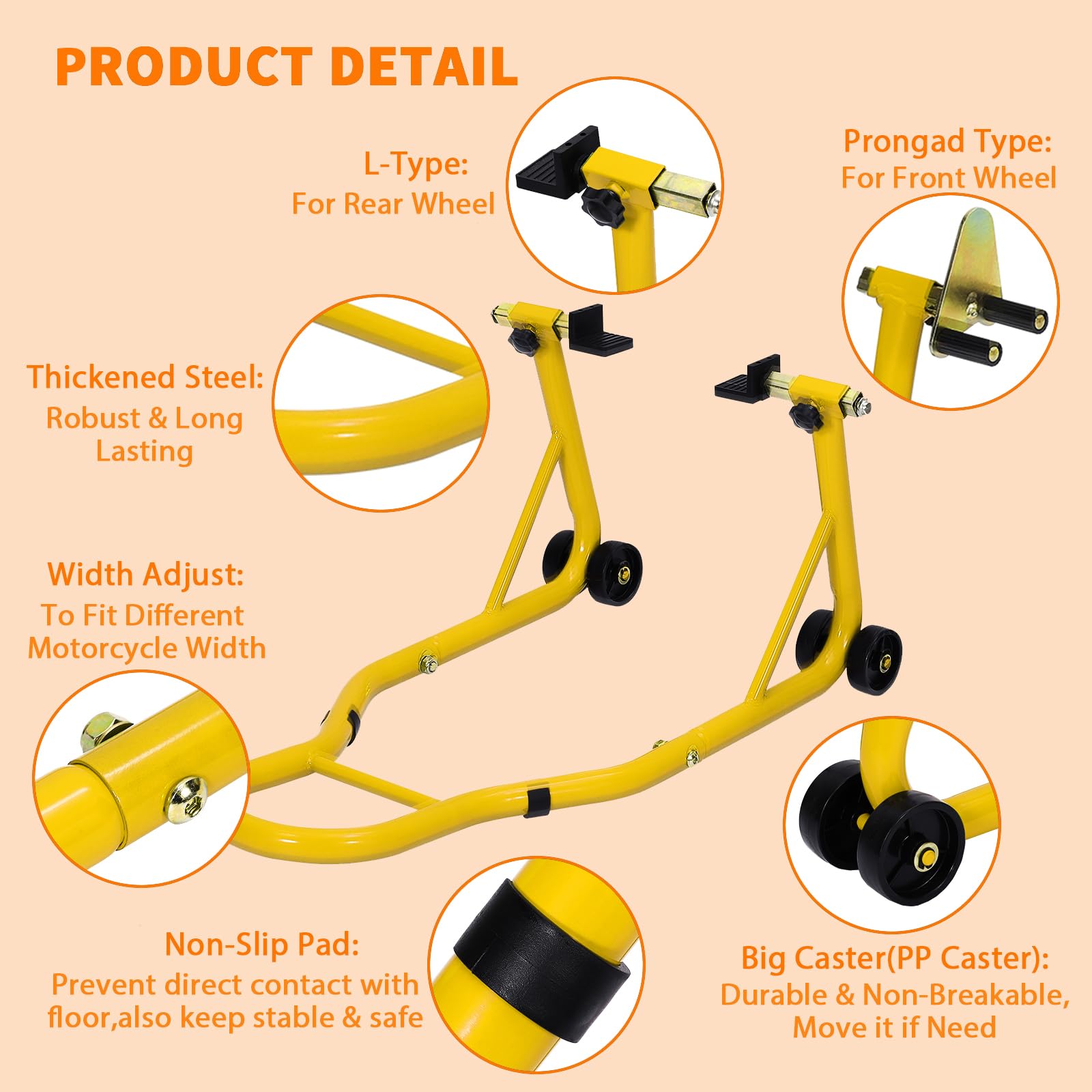 Garvee Heavy Duty Motorcycle Stand Lift - 900 lbs Capacity, Adjustable Universal Fit, Steel Frame, Front & Rear Combo, Yellow, for Repairs & Storage