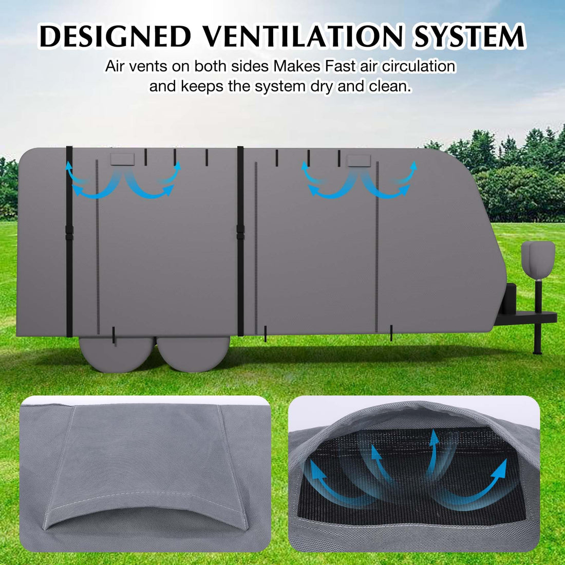 Garvee RV Cover, 27-30FT Travel Trailer Cover, Anti-UV and Waterproof with Windproof Straps, Tire Covers, Gutter & Tongue Jack Covers, and Adhesive Repair Patches for Motorhomes