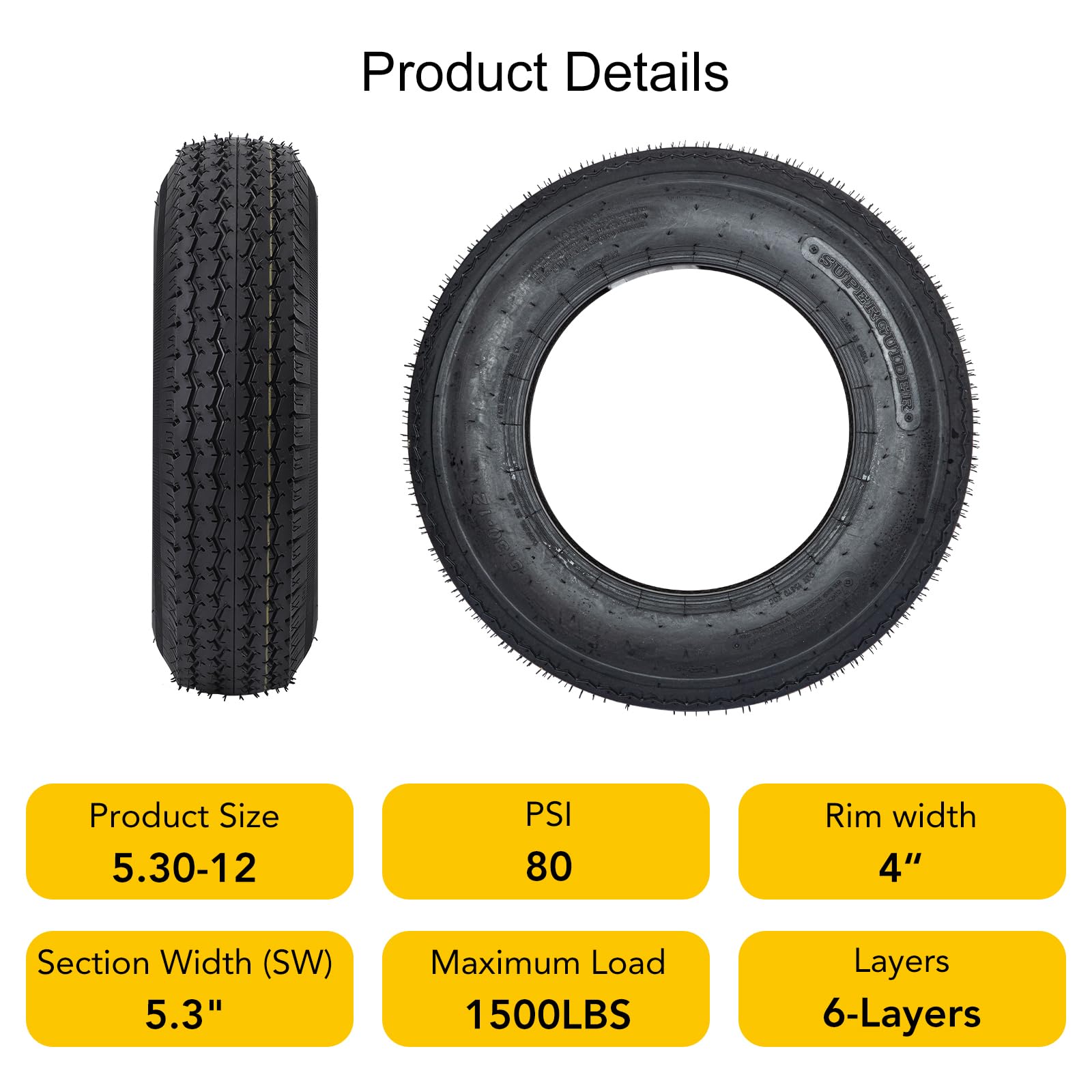 Garvee 5.30-12 Trailer Tires, 2 Pack, Load Range C 6PLY, Max Load 475 LBS @ 80 PSI, Tread Depth 6mm, Spoke Wheel,Suitable for All Kinds of Small and Light Trailers