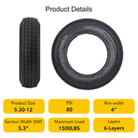 Garvee 5.30-12 Trailer Tires, 2 Pack, Load Range C 6PLY, Max Load 475 LBS @ 80 PSI, Tread Depth 6mm, Spoke Wheel,Suitable for All Kinds of Small and Light Trailers