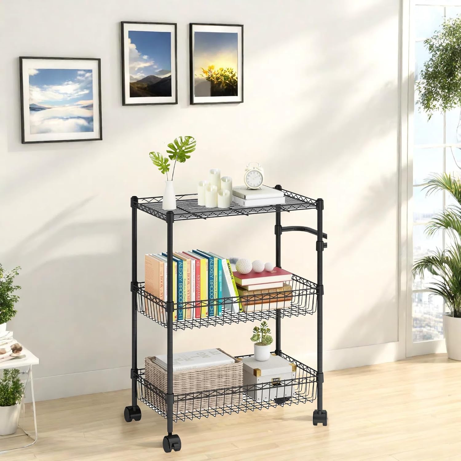 Garvee 3 Tier Rolling Cart, Metal Kitchen Cart On Wheels with Baskets, Wire Shelving Rolling Snack Storage Cart Utility Trolley with Handles for Kitchen Bathroom Office Laundry, Black