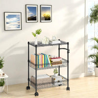Garvee 3 Tier Rolling Cart, Metal Kitchen Cart On Wheels with Baskets, Wire Shelving Rolling Snack Storage Cart Utility Trolley with Handles for Kitchen Bathroom Office Laundry, Black