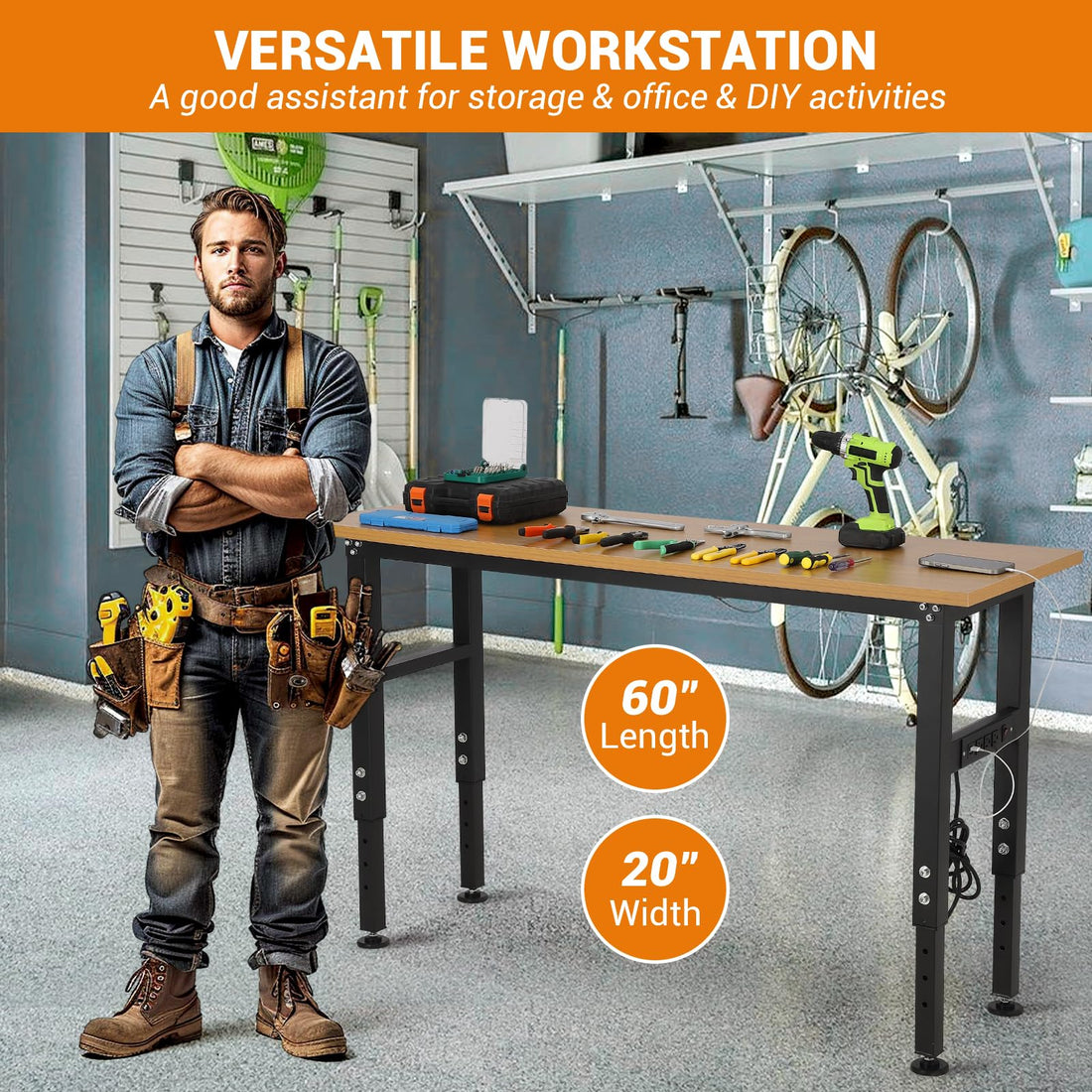 Garvee 60" x 20" Adjustable Workbench with Power Outlet - Heavy-Duty Work Bench with Foot Pads, 2500 lbs Load Capacity for Garage and Workshop
