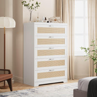 Garvee 5 Drawer Dresser Rattan Dresser, Tall Chest of Drawers, Wood Dresser for Bedroom, Closet, Living Room, Hallway