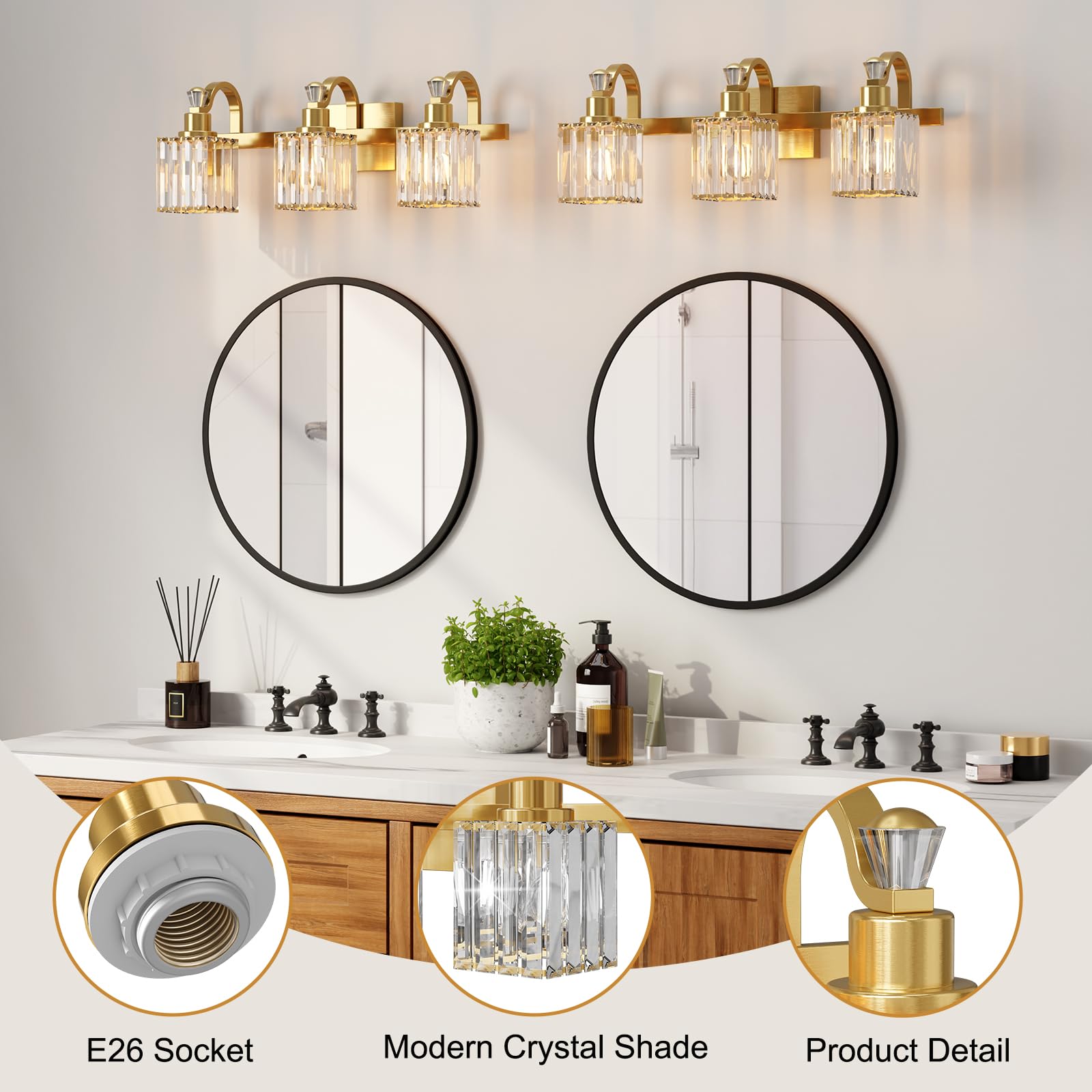 Garvee Bathroom Vanity Light Fixtures Modern Crystal Vanity Light Fixtures Over Mirror，3 Light Modern Crystal Wall Lighting with Square Shade（Gold