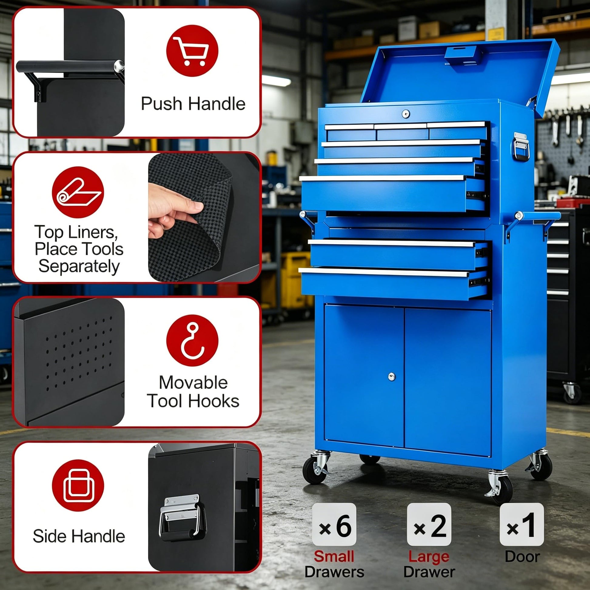 Garvee 8-Drawer Rolling Tool Chest 2-in-1 High Capacity Tool Storage with Locking System Wheels and Liners for Garage Workshop, Blue