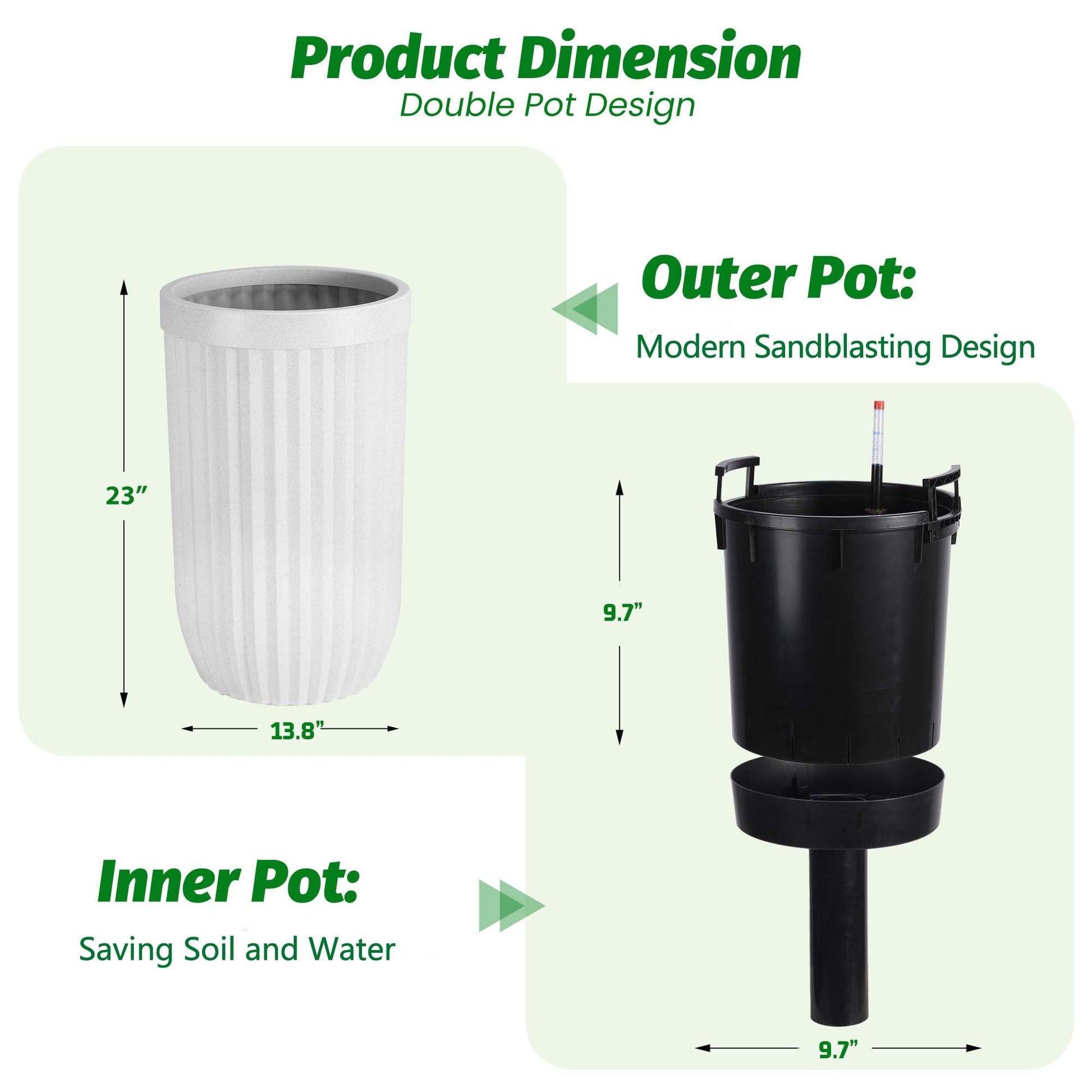 Garvee 23 Inch Tall Planters Set of 2, Self Watering Pots with a Water Level Monitor and Hidden Wheels, Ideal for Living Room, Bedroom, Office, Patio, Porch, Garden, Commercial Places, White