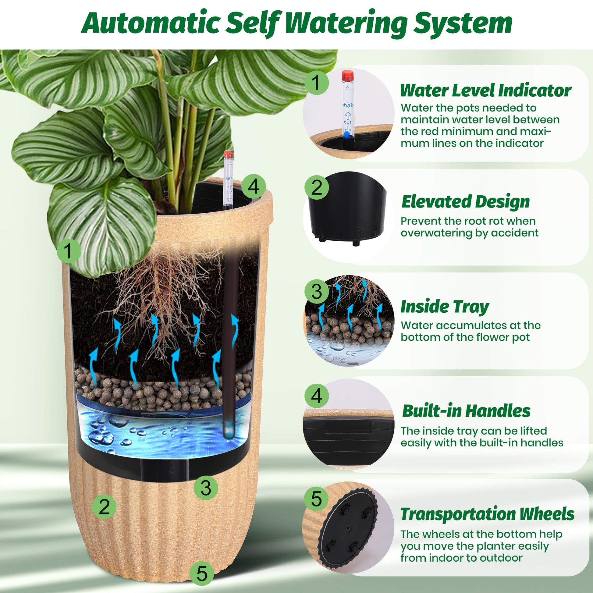 Garvee 31" Tall Gold Planter with Water Level Monitor, Self-Watering System & Wheels - Medium Flower Pot for Living Room, Office, Patio & Garden