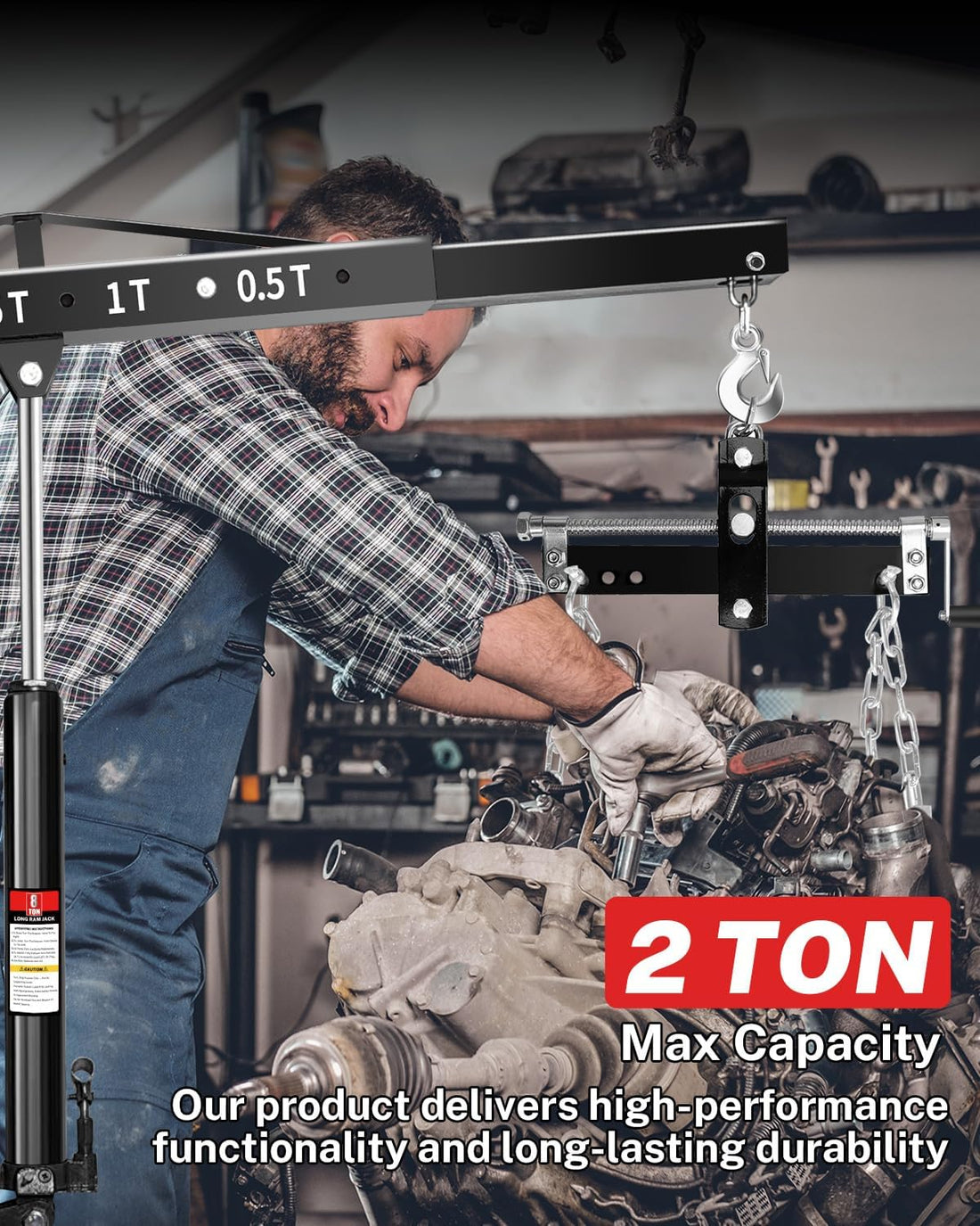 Garvee 2-Ton Hydraulic Engine Hoist Crane, 4400 lbs Folding Heavy-Duty Cherry Picker with Lever, 6 Locking Wheels, and 4 Boom Positions for Truck/SUV Engines, Garage, Workshop, and Industrial Lifting, Black