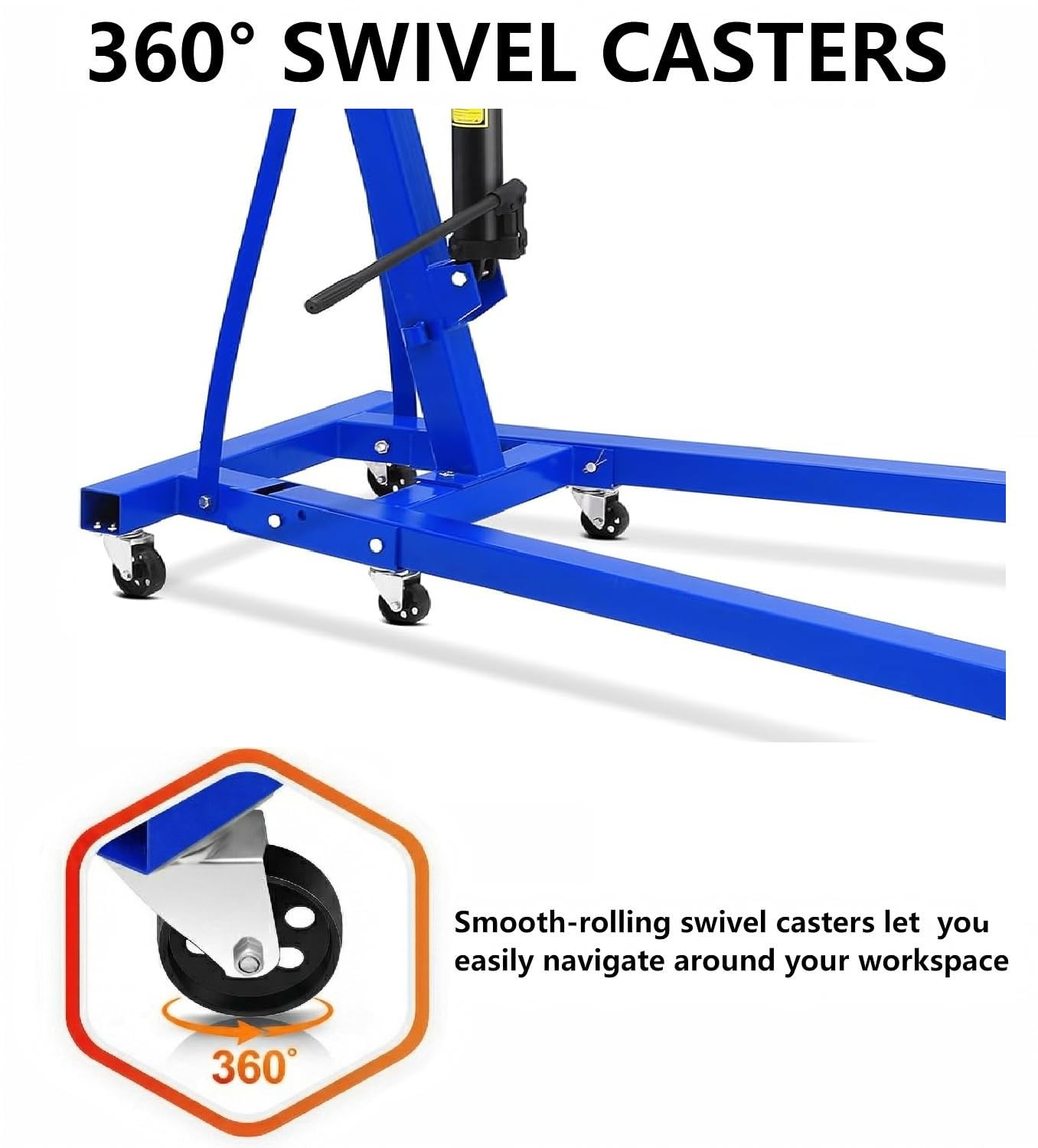 Garvee 2-Ton Engine Hoist - 4400 lbs Folding Hydraulic Cherry Picker, Heavy-Duty Shop Crane with 6 Caster Wheels and 4 Adjustable Boom Positions for Warehouse, Garage, and Workshop, Blue