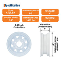 Garvee 5.30-12 Trailer Tire and Wheel Assembly, Heavy-Duty Load Range C 6PR, 12 Inch White Modular Wheel for Utility Boat Camper Trailers, Set of 2
