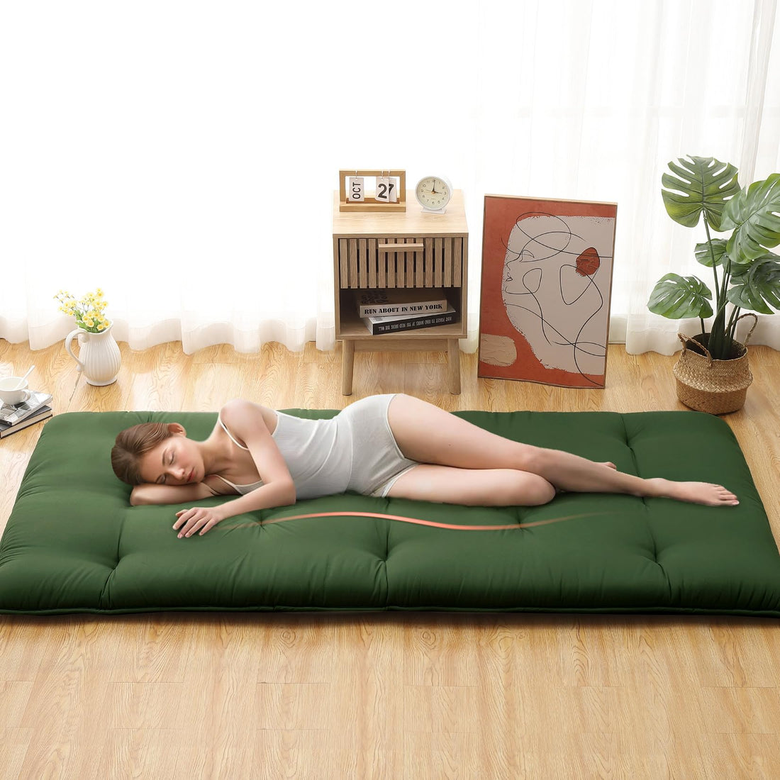 Garvee Japanese Futon Floor Mattress, Twin Size Futon Mattress Foldable Floor Bed Mattress, Roll Up Portable Sleeping Floor Mattress, Tatami Mat Kids Floor Play Mat, Army Green