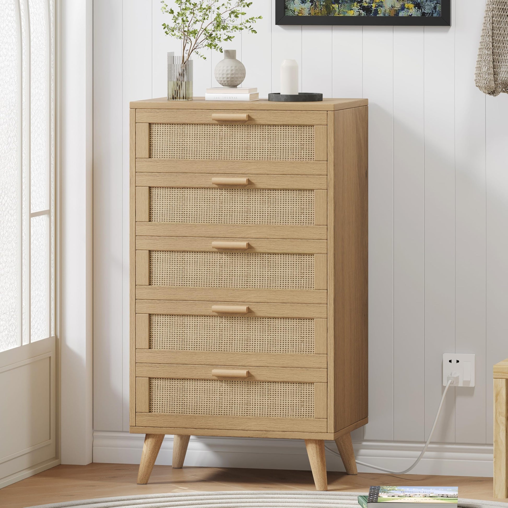 Garvee 5 Drawer Dresser for Bedroom, Rattan Chest of Drawers with Deep Drawers, Large Modern Double Dresser for Closet with Wide Top, Horizontal Wooden Dresser for Living Room, Hallway, Kids Room, Natural