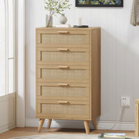 Garvee 5 Drawer Dresser for Bedroom, Rattan Chest of Drawers with Deep Drawers, Large Modern Double Dresser for Closet with Wide Top, Horizontal Wooden Dresser for Living Room, Hallway, Kids Room, Natural