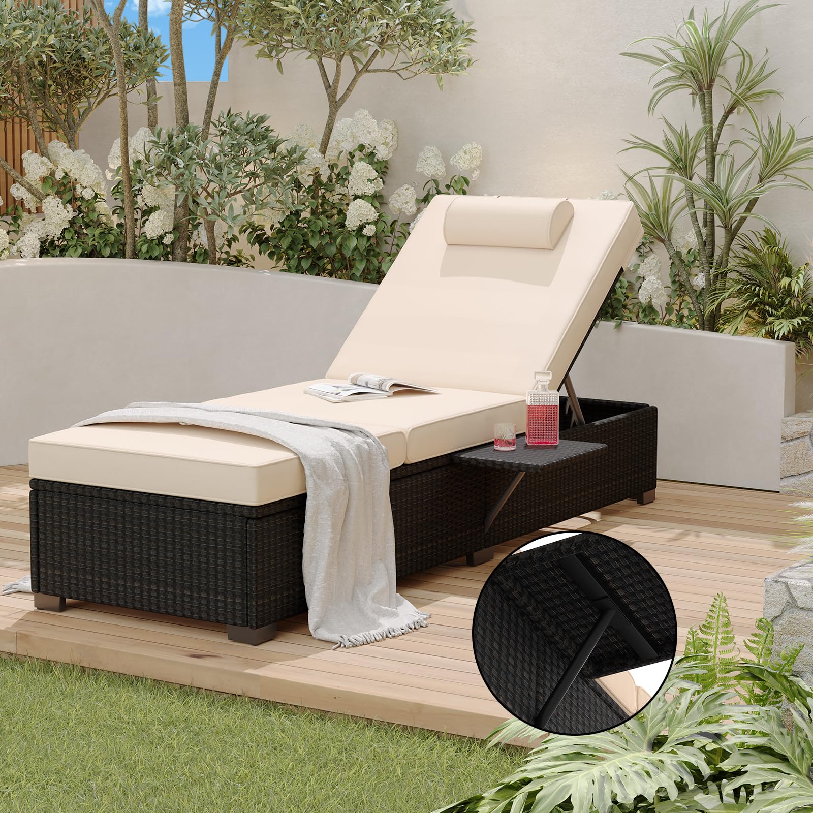 Garvee 2-Piece Outdoor Chaise Lounge Set PE Rattan Recliners with Adjustable Backrest, Side Table & Plush Earth Gray Cushions, All-Weather Steel Frame