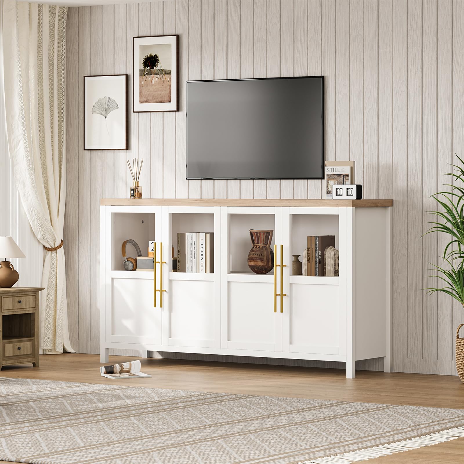 Garvee Sideboard Buffet Cabinet with 4 Glass Doors, 55" Large Buffet Cabinet with Storage, Modern Farmhouse Storage Cabinet Table for Kitchen Dining Room, Living Room , White