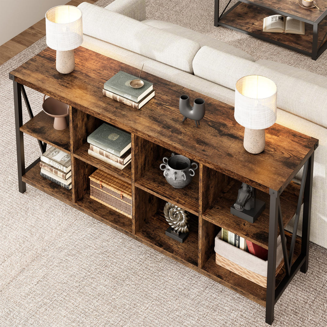 Garvee Console Table, Rustic 3 Tier Sofa Table Behind Couch, Industrial Metal Entryway Table with Storage Shelf, Farmhouse Wooden Foyer Hallway Table for Entry Living Room, Rustic Brown