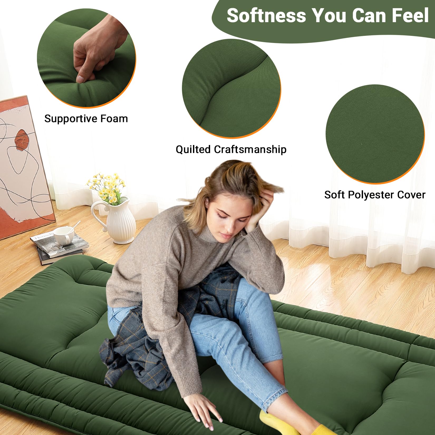 Garvee Futon Mattress Twin Size, Japanese Floor Mattress Foldable Tatami Mat, Roll Up Floor Bed Mattress Kids Floor Play Mat, Japanese Floor Bed for Dorm House Guest, Army Green