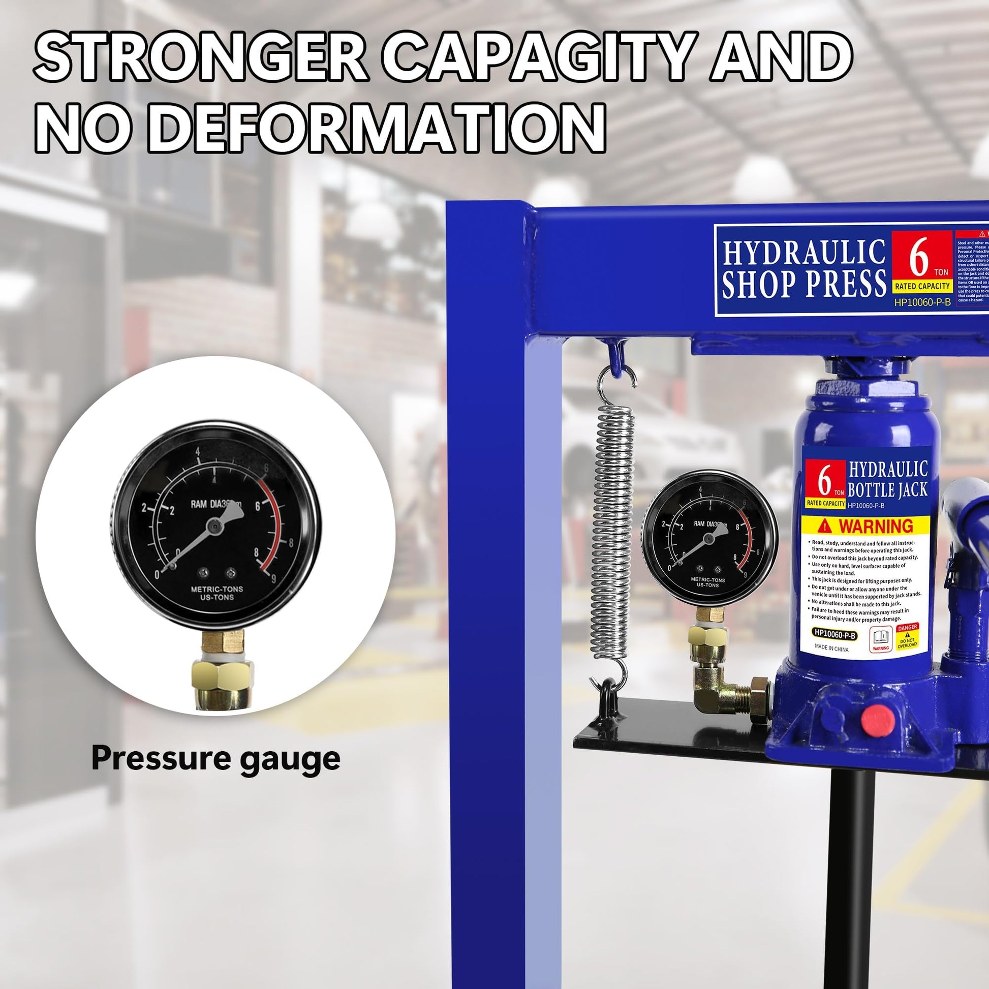 Garvee 6-Ton Shop Press with Pressure Gauge, Adjustable H-Frame Hydraulic Floor Press with Stamping Plates for Bending, Straightening, Pressing Parts, and Installing Bearings & U-Joints, Blue