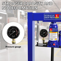 Garvee 6-Ton Shop Press with Pressure Gauge, Adjustable H-Frame Hydraulic Floor Press with Stamping Plates for Bending, Straightening, Pressing Parts, and Installing Bearings & U-Joints, Blue