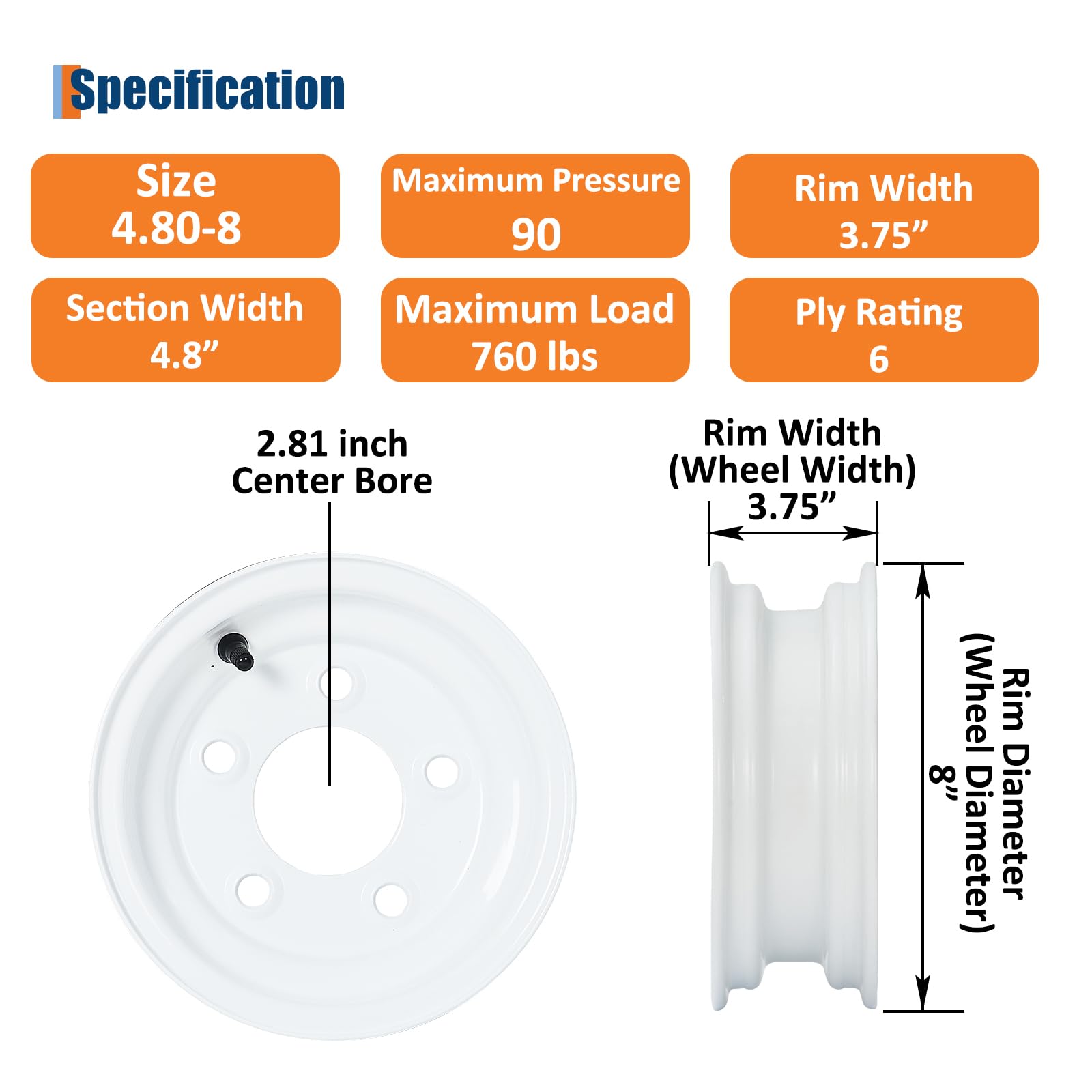 Garvee 4.80-8 Trailer Tire and Wheel Assembly, Heavy-Duty Load Range C 6PR, 8 Inch White Modular Wheel for Utility Boat Camper Trailers, Set of 2