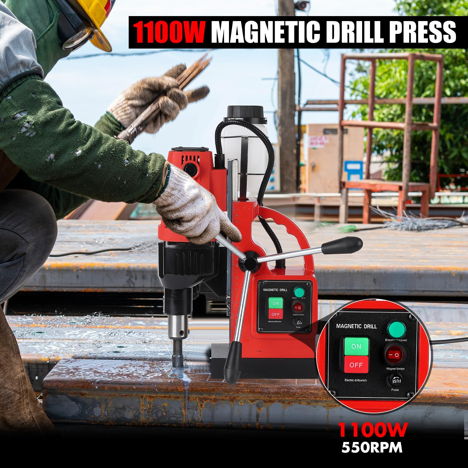 Garvee 1100W Mag Drill Press , 1.57 in Boring Diameter, 580 RPM 2922lbf Magnetic Adhesion for Industrial Home Steel Fabrication