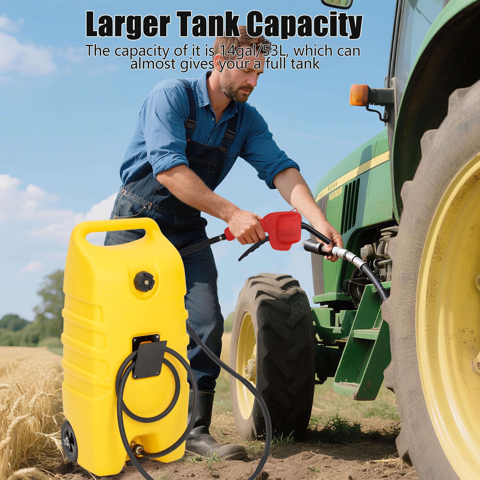 Yellow 14 gallon fuel caddy beside a tractor during refueling