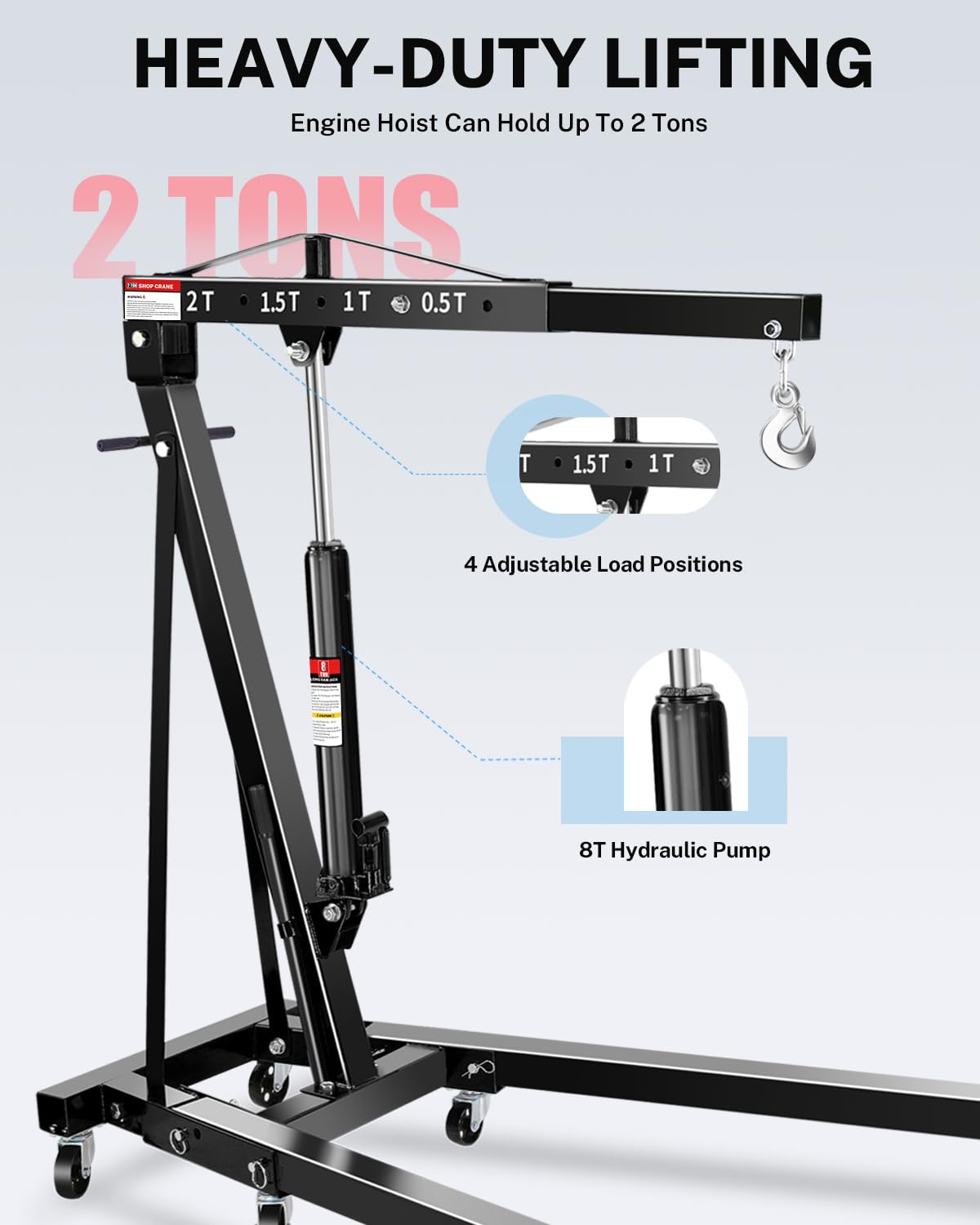 Garvee 2-Ton Folding Engine Hoist Hydraulic Crane with 6 Swivel Wheels & Adjustable Boom Reinforced Steel Rust-Proof Coating Garage Workshop Farm, Black