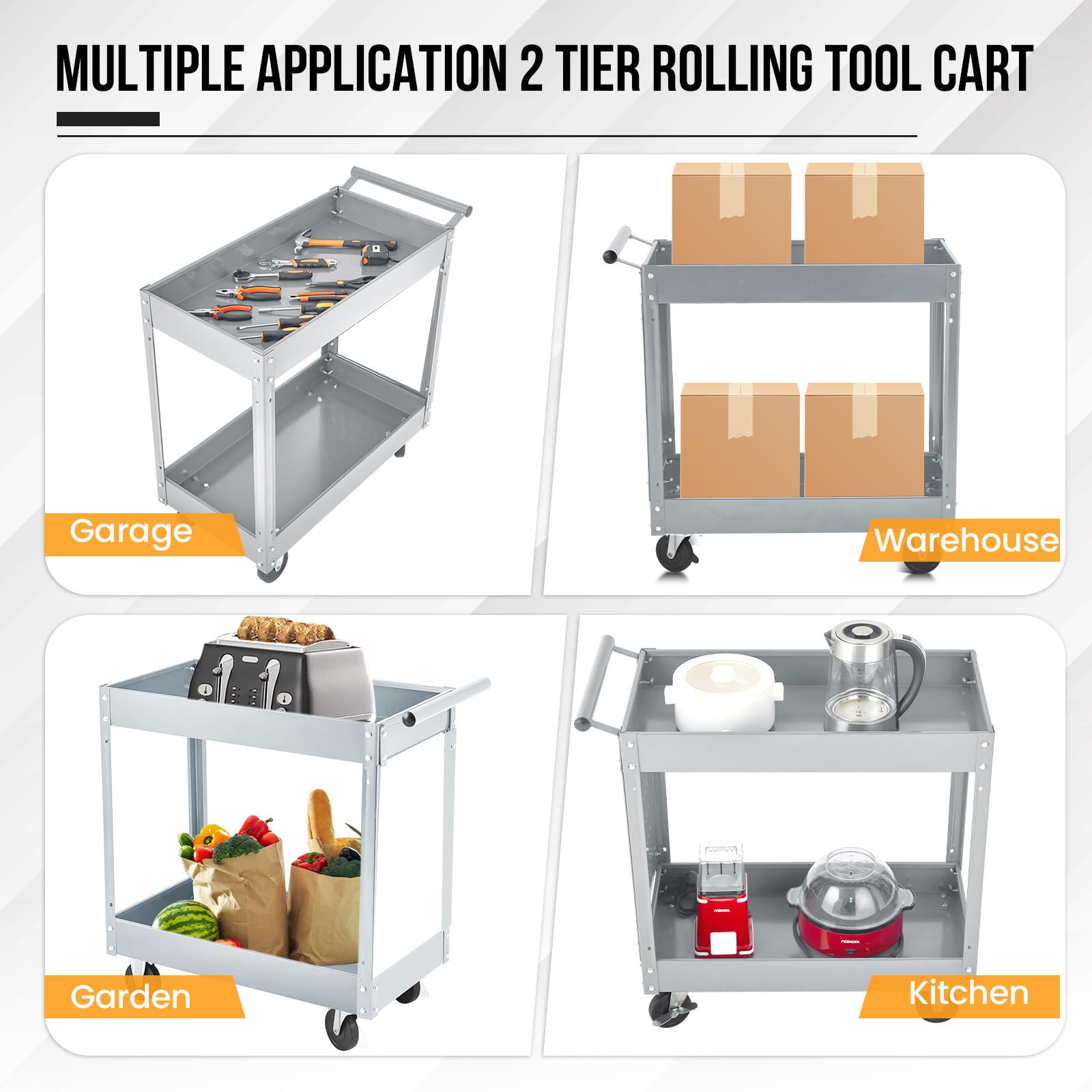Garvee 2 Tier Rolling Tool Cart,330 Lbs Metal Heavy Duty Utility Cart On Wheels,2 Shelf Steel Utility Cart, Tool Storage Organizer for Mechanic, Garage, Workshop, Warehouse & Repair Shop