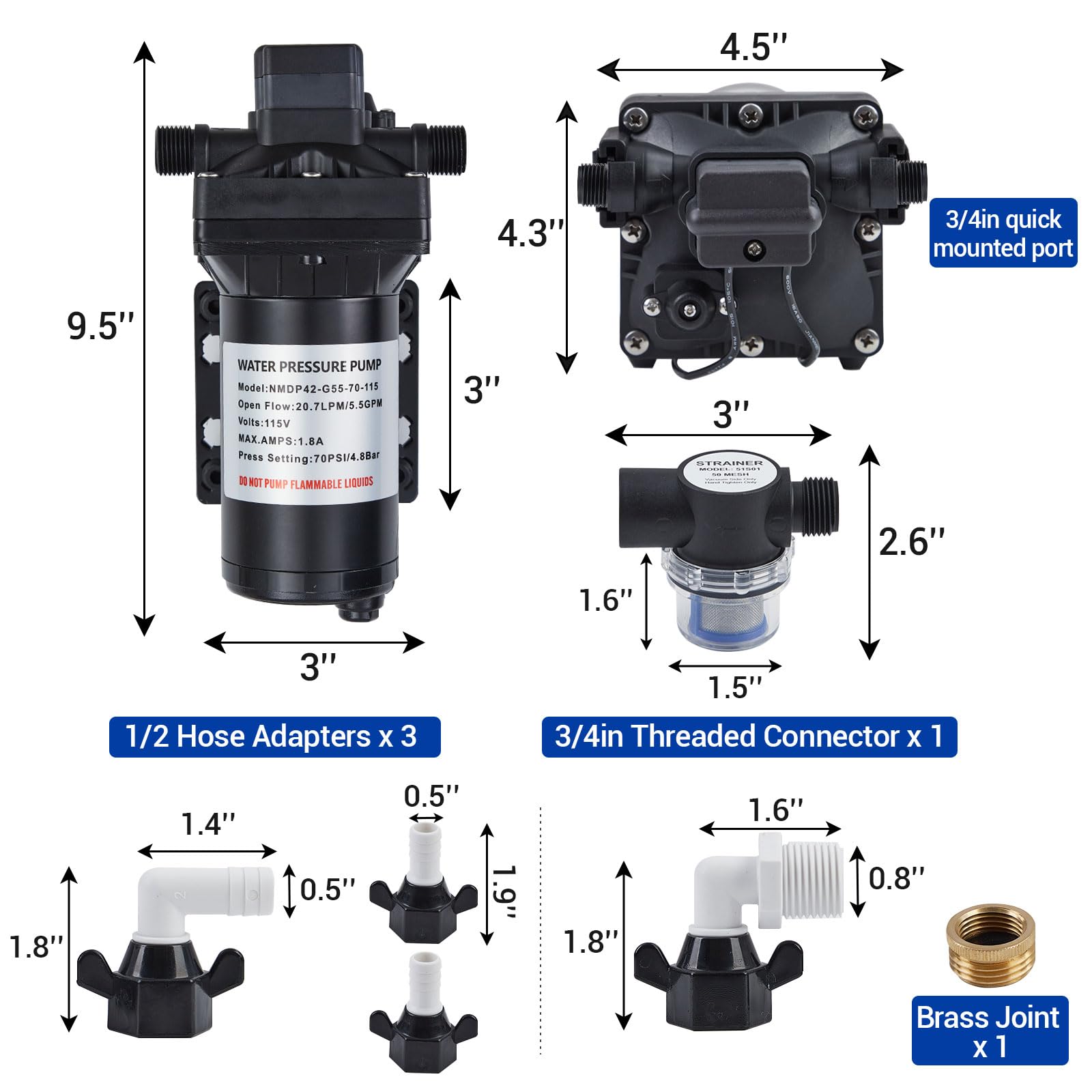 Garvee Water Pressure Booster Pump 115V AC 5.5GPM 70PSI On Demand Water Diaphragm Pump with 158Ft Head Lift, Self-Priming RV Fresh Water Pump with Pressure Switch for Home Marine Yacht Garden Hose